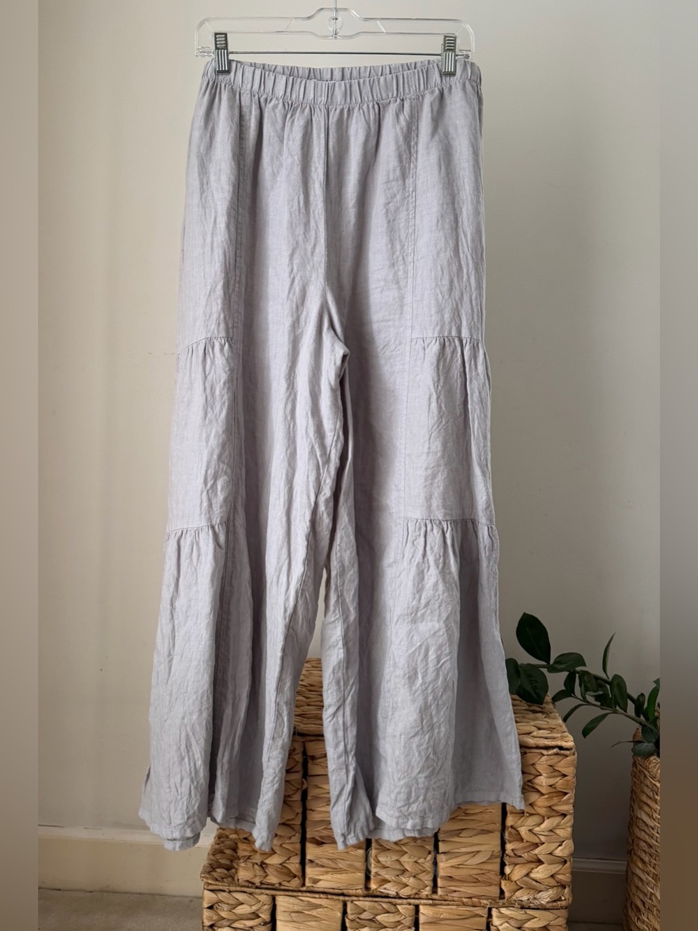 Women's MATCH POINT Cha Cha Linen Pants Gray Tiered Palazzo Lagenlook Size Large